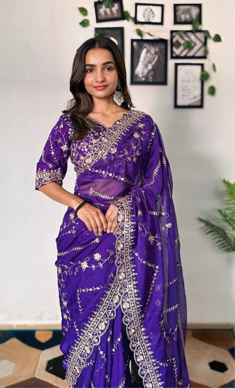 Teeya Creation Purple Color Tabby Silk Embroidery Work Saree