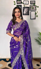 Teeya Creation Purple Color Tabby Silk Embroidery Work Saree