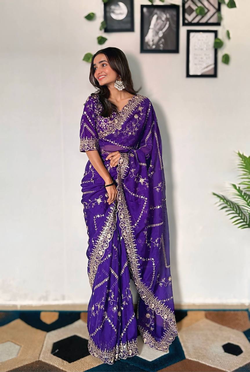 Teeya Creation Purple Color Tabby Silk Embroidery Work Saree