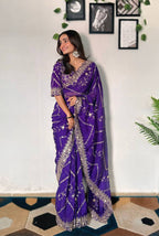Teeya Creation Purple Color Tabby Silk Embroidery Work Saree