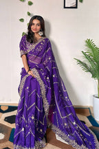 Teeya Creation Purple Color Tabby Silk Embroidery Work Saree