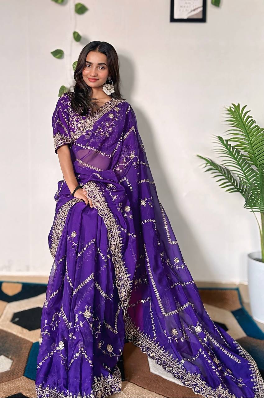 Teeya Creation Purple Color Tabby Silk Embroidery Work Saree