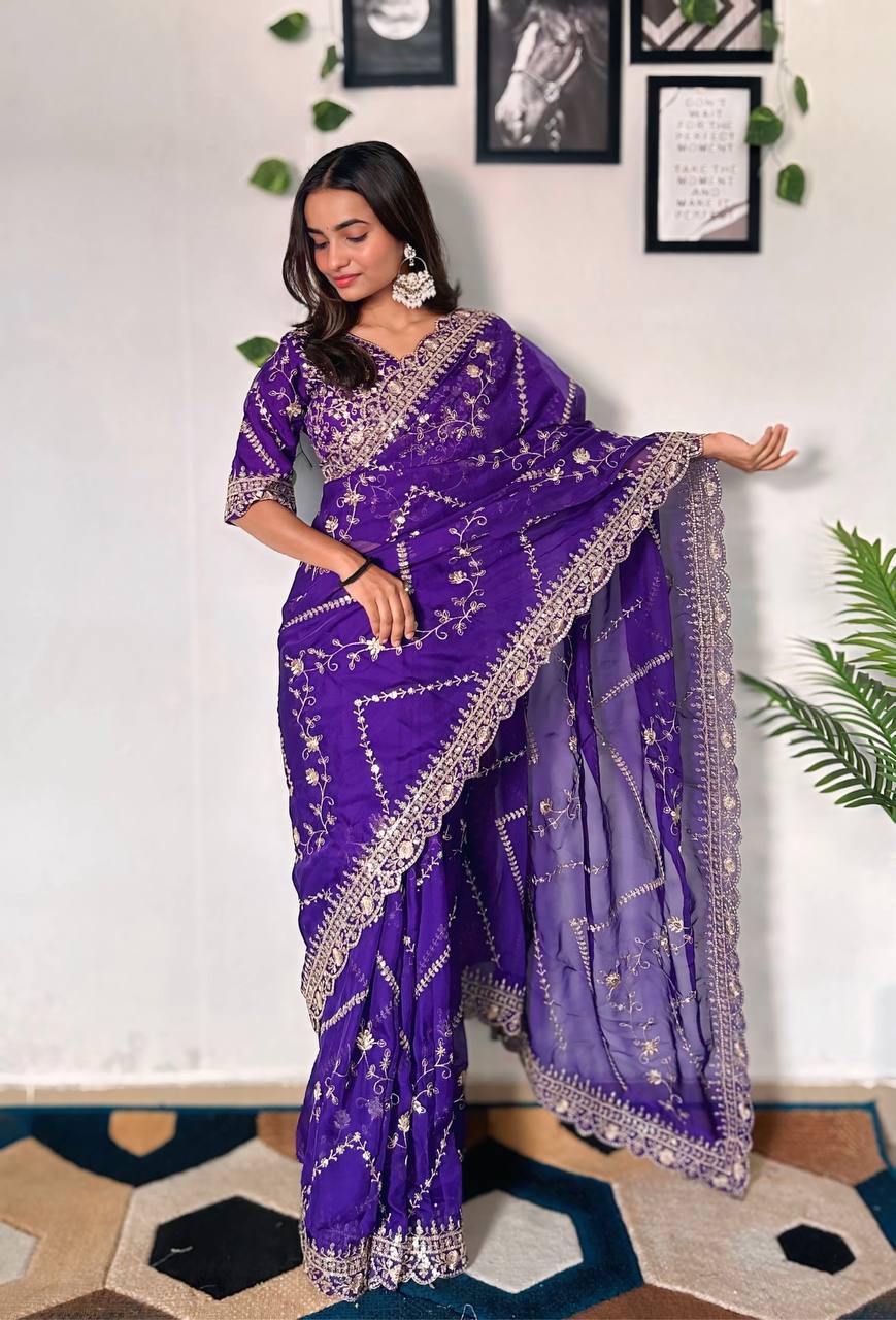 Teeya Creation Purple Color Tabby Silk Embroidery Work Saree