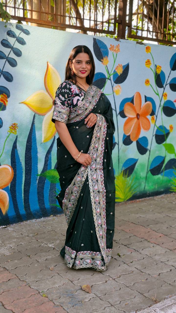 Teeya Creation Green Color Tabby Silk Embroidery Work Saree