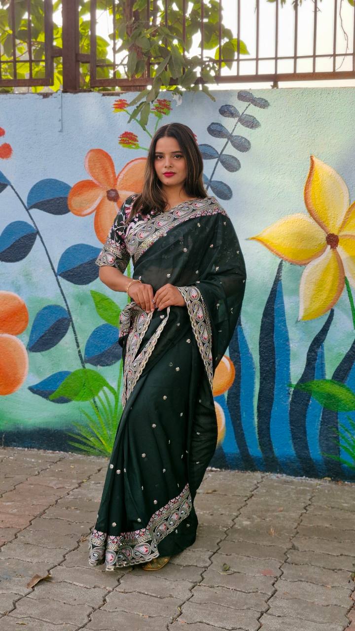 Teeya Creation Green Color Tabby Silk Embroidery Work Saree