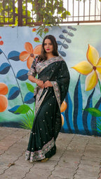 Teeya Creation Green Color Tabby Silk Embroidery Work Saree