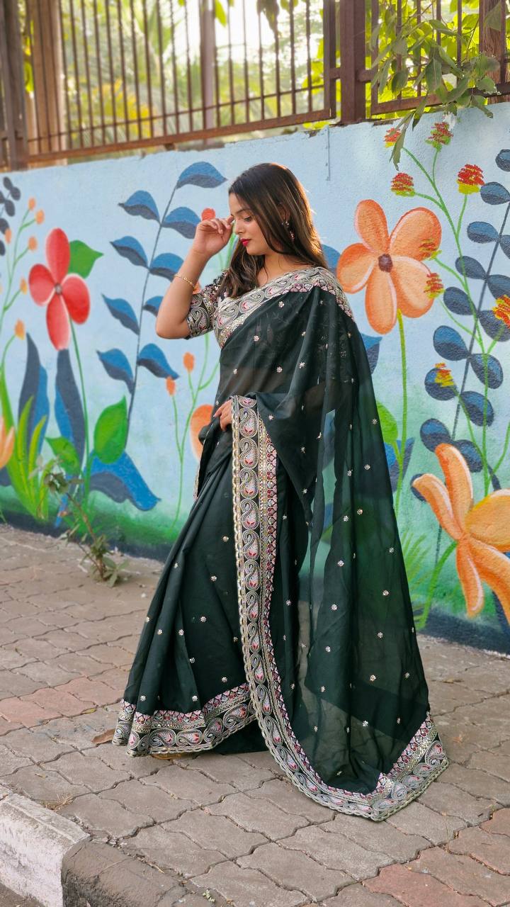 Teeya Creation Green Color Tabby Silk Embroidery Work Saree