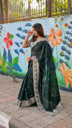 Teeya Creation Green Color Tabby Silk Embroidery Work Saree