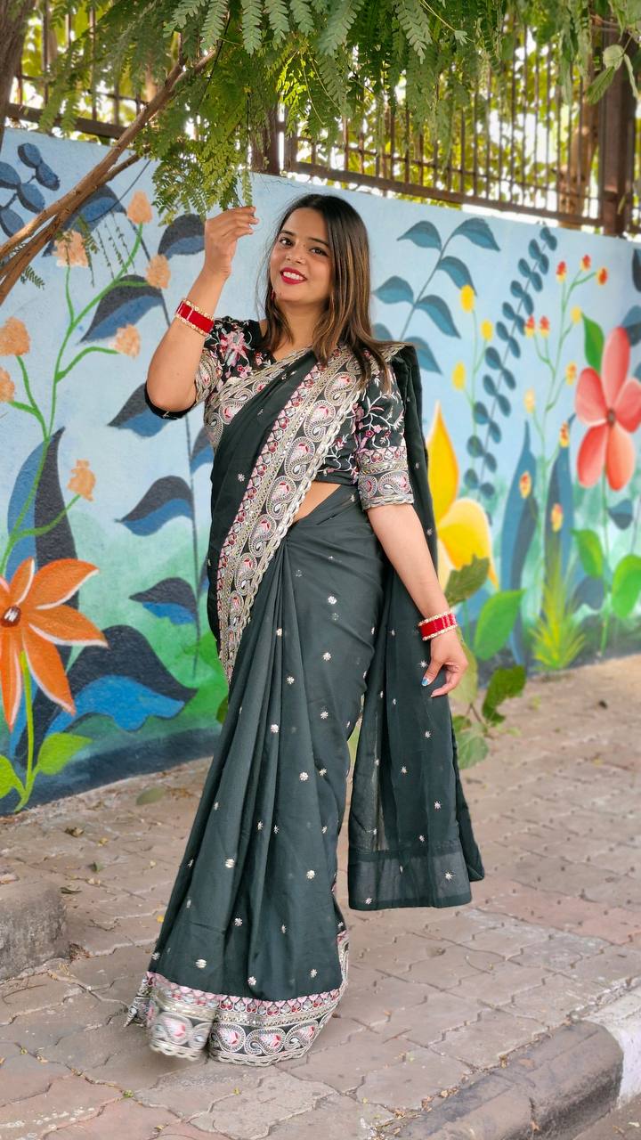 Teeya Creation Green Color Tabby Silk Embroidery Work Saree
