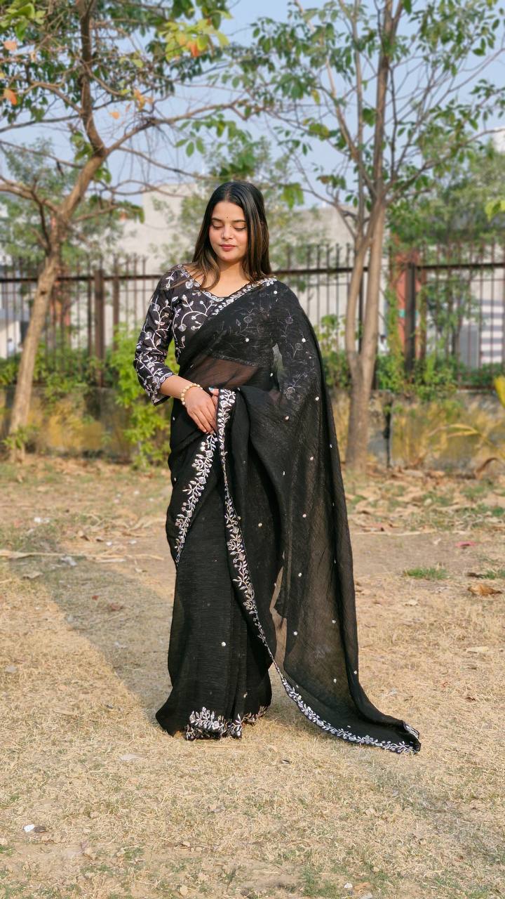 Teeya Creation Black Color Candy Crush Silk Embroidery Work Saree