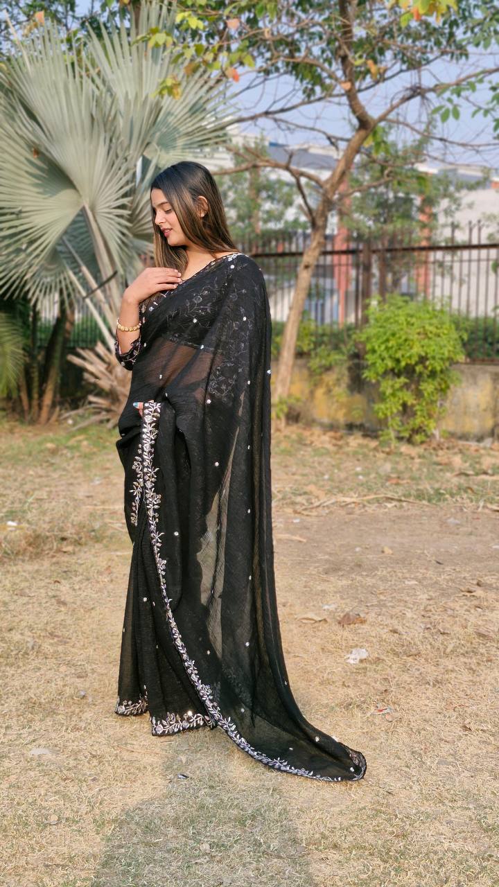 Teeya Creation Black Color Candy Crush Silk Embroidery Work Saree