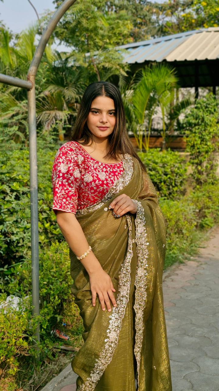 Teeya Creation Mahendi Color Candy Crush Silk Embroidery Work Saree