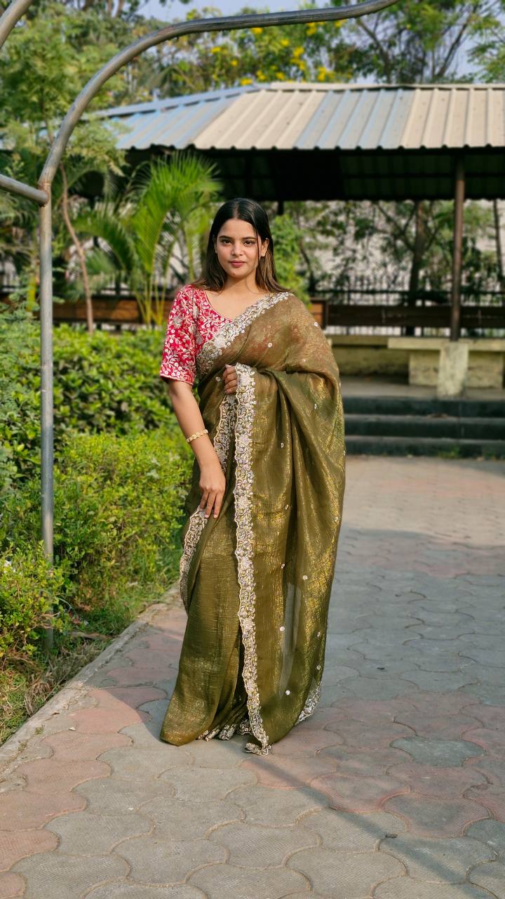 Teeya Creation Mahendi Color Candy Crush Silk Embroidery Work Saree