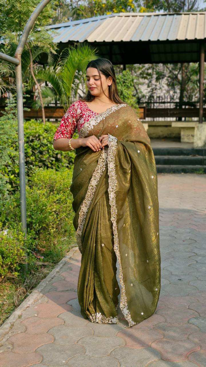Teeya Creation Mahendi Color Candy Crush Silk Embroidery Work Saree