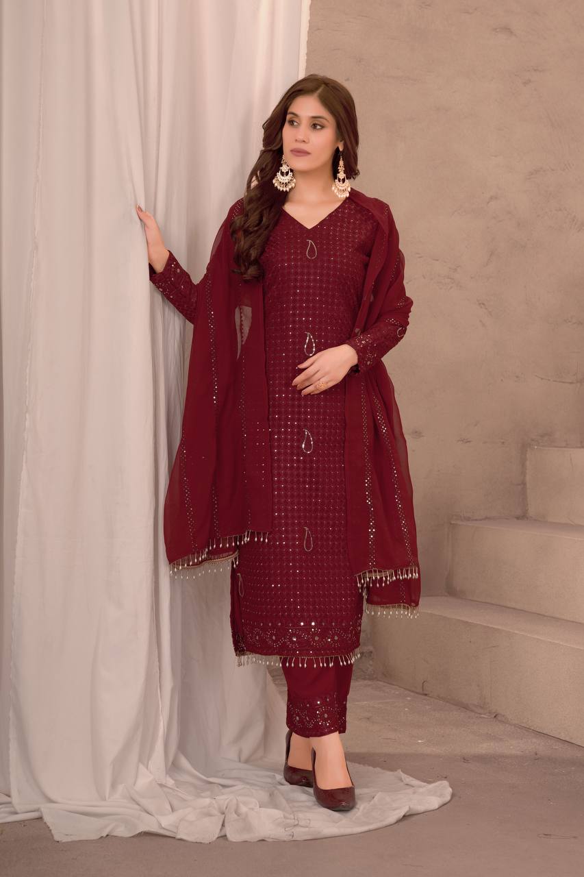 Teeya Creation Maroon Color Faux Georgette Embroidery Work Fully Stitched Salwar Suit