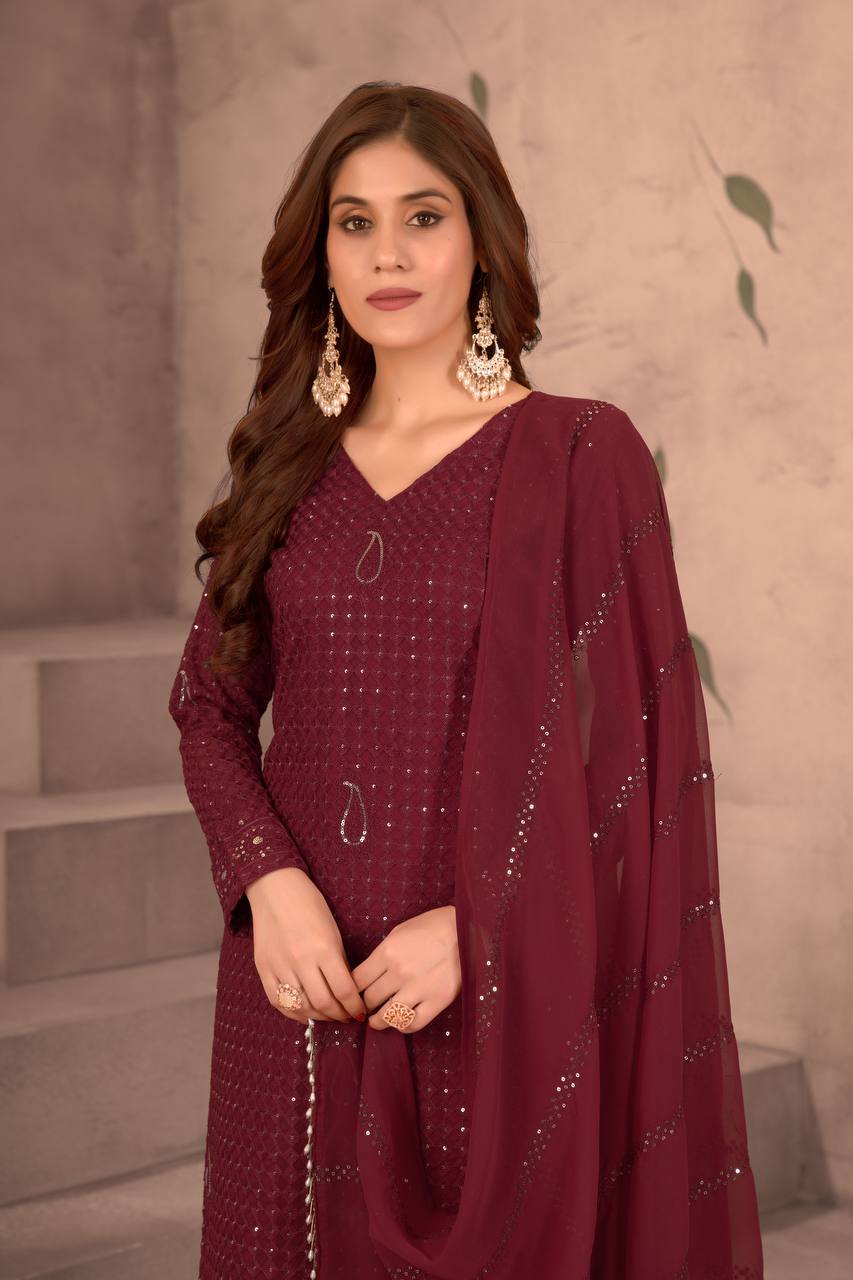 Teeya Creation Maroon Color Faux Georgette Embroidery Work Fully Stitched Salwar Suit
