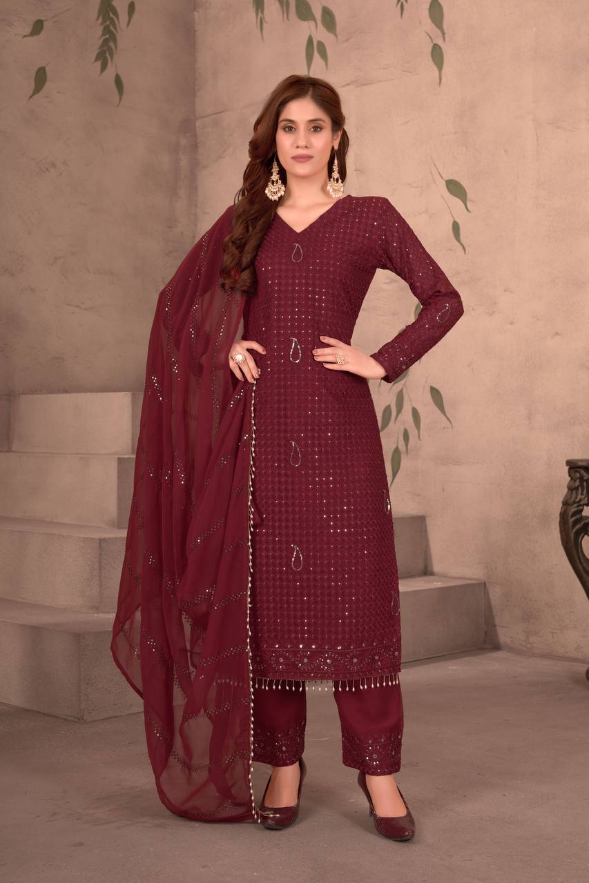 Teeya Creation Maroon Color Faux Georgette Embroidery Work Fully Stitched Salwar Suit