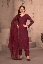 Teeya Creation Maroon Color Faux Georgette Embroidery Work Fully Stitched Salwar Suit