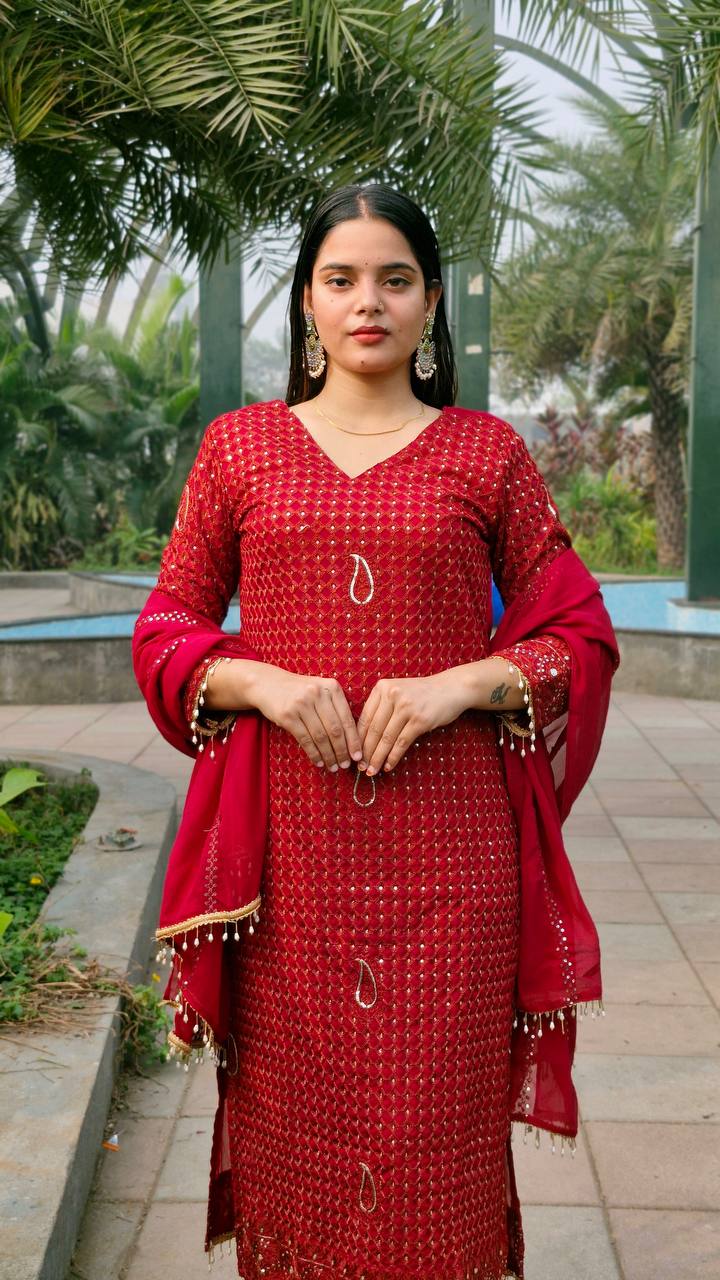 Teeya Creation Red Color Faux Georgette Embroidery Work Fully Stitched Salwar Suit
