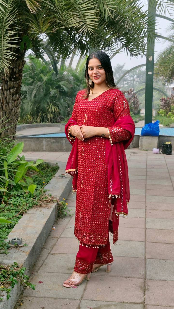 Teeya Creation Red Color Faux Georgette Embroidery Work Fully Stitched Salwar Suit