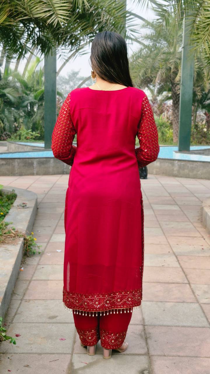 Teeya Creation Red Color Faux Georgette Embroidery Work Fully Stitched Salwar Suit