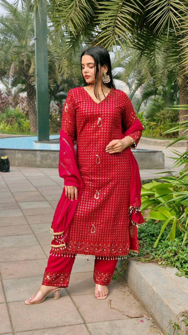 Teeya Creation Red Color Faux Georgette Embroidery Work Fully Stitched Salwar Suit