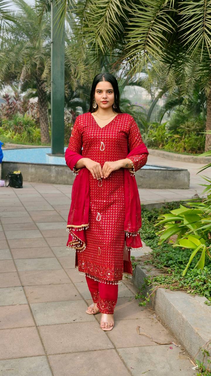 Teeya Creation Red Color Faux Georgette Embroidery Work Fully Stitched Salwar Suit
