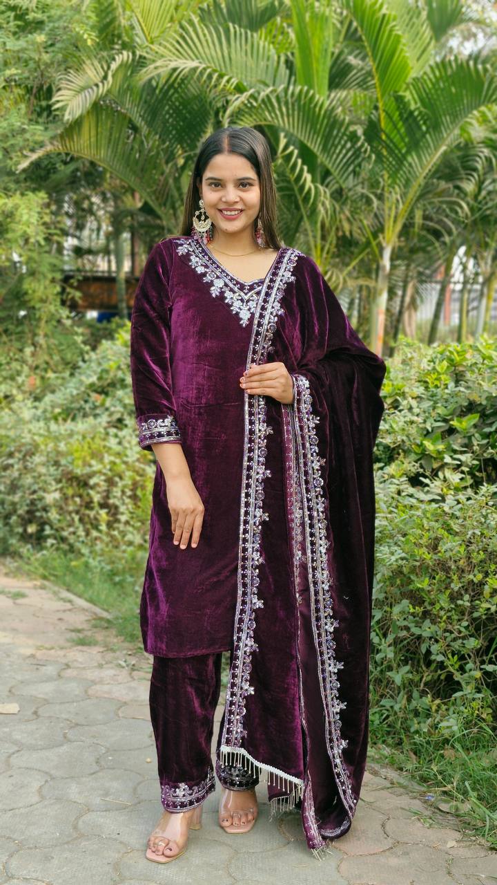 Teeya Creation Wine Color Velvet Fabric Heavy Embroidery Work Fully Stitched Salwar Suit