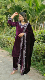 Teeya Creation Wine Color Velvet Fabric Heavy Embroidery Work Fully Stitched Salwar Suit