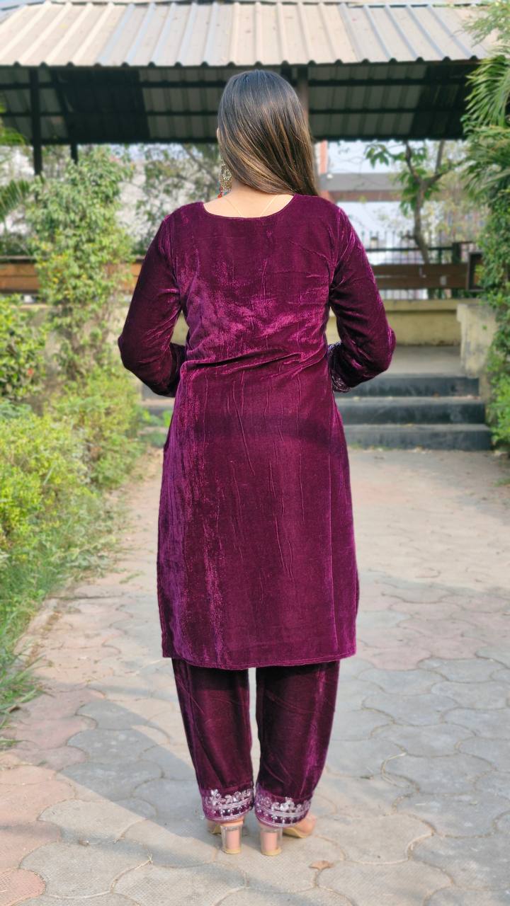 Teeya Creation Wine Color Velvet Fabric Heavy Embroidery Work Fully Stitched Salwar Suit