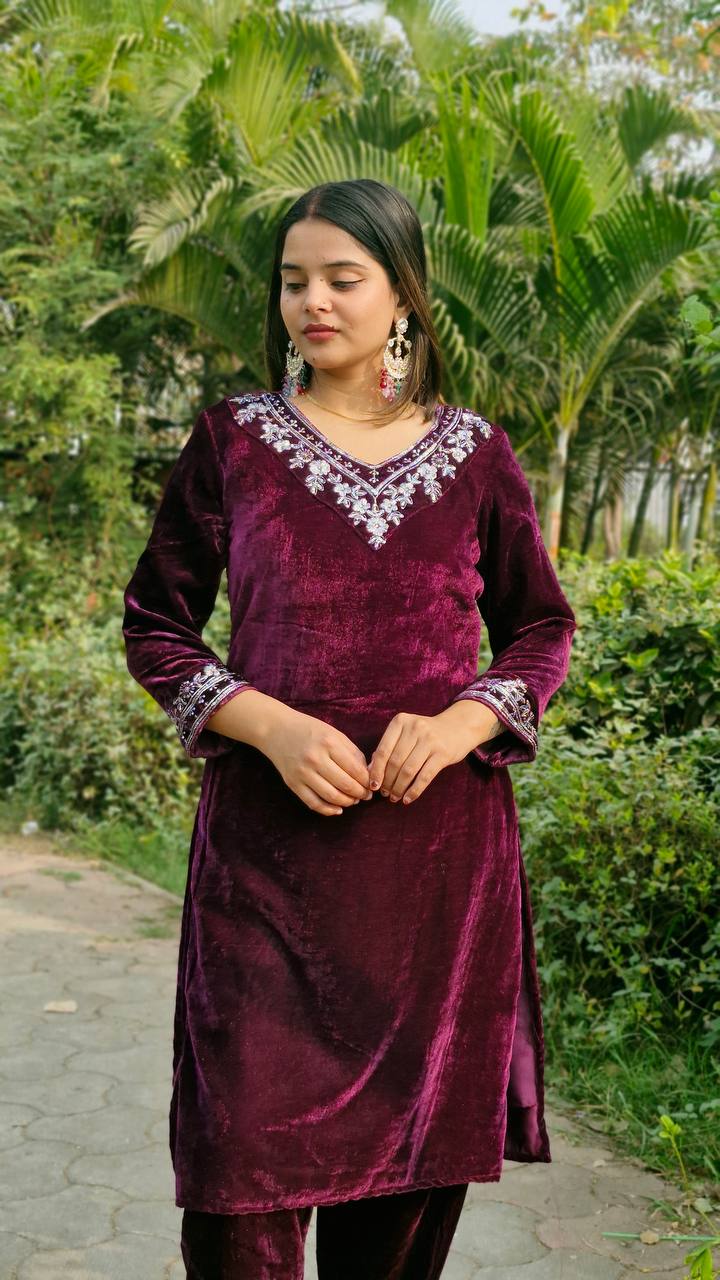 Teeya Creation Wine Color Velvet Fabric Heavy Embroidery Work Fully Stitched Salwar Suit