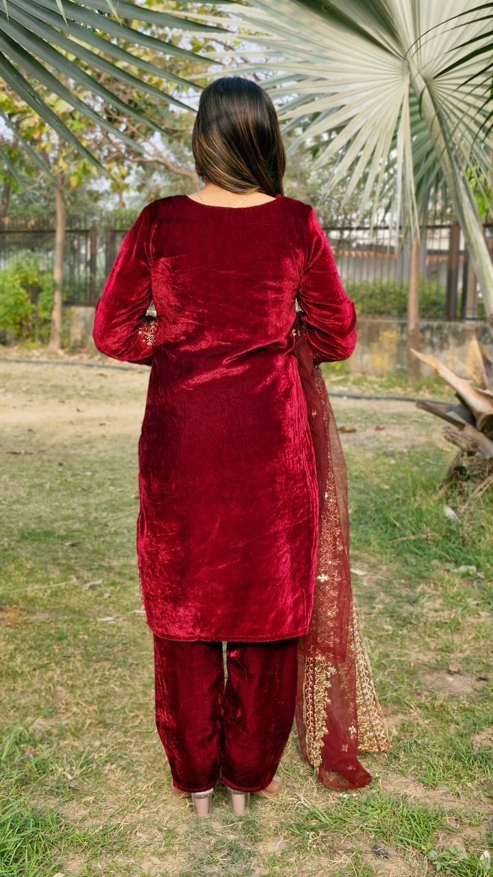 Teeya Creation Red Color Velvet Fabric Heavy Embroidery Work Fully Stitched Salwar Suit