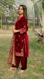 Teeya Creation Red Color Velvet Fabric Heavy Embroidery Work Fully Stitched Salwar Suit