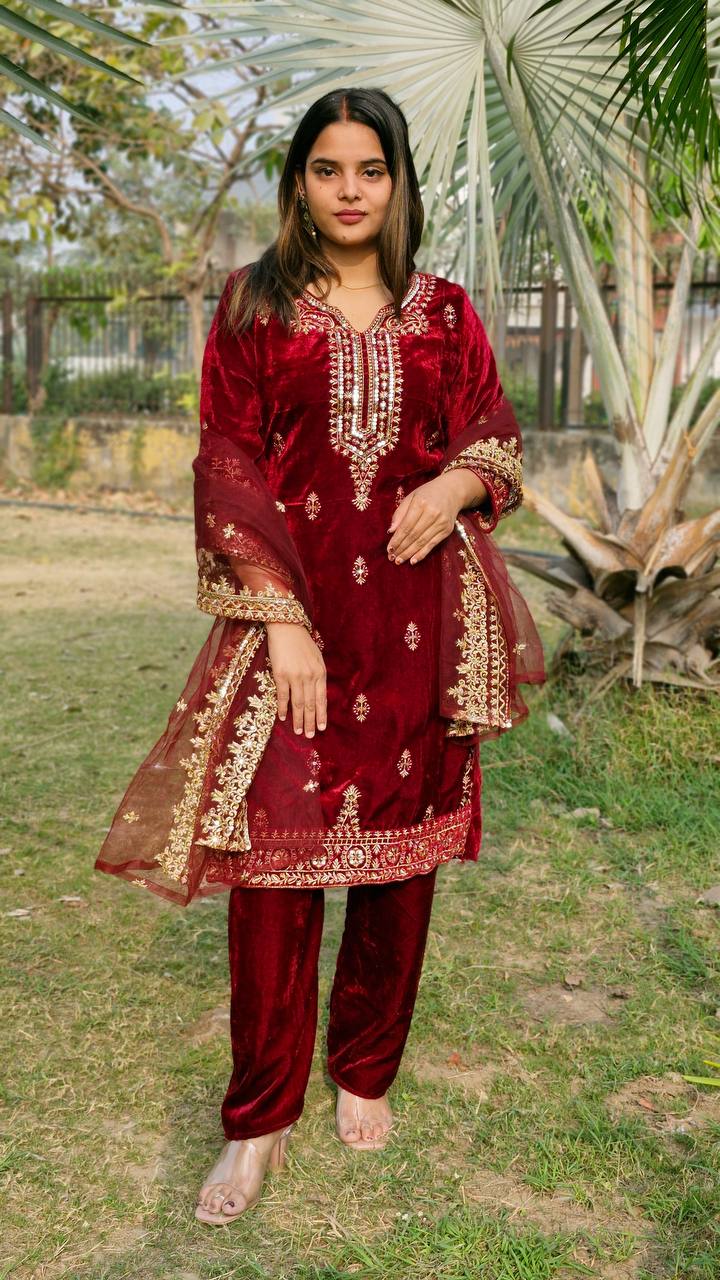 Teeya Creation Red Color Velvet Fabric Heavy Embroidery Work Fully Stitched Salwar Suit