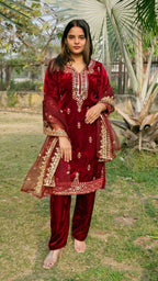 Teeya Creation Red Color Velvet Fabric Heavy Embroidery Work Fully Stitched Salwar Suit
