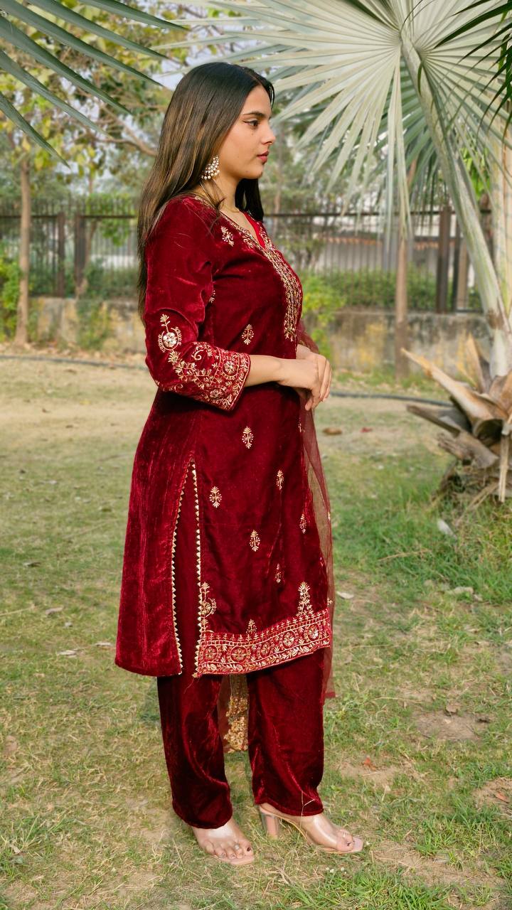 Teeya Creation Red Color Velvet Fabric Heavy Embroidery Work Fully Stitched Salwar Suit
