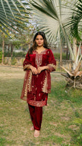 Teeya Creation Red Color Velvet Fabric Heavy Embroidery Work Fully Stitched Salwar Suit