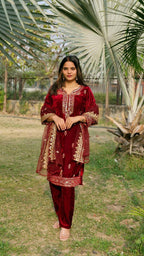 Teeya Creation Red Color Velvet Fabric Heavy Embroidery Work Fully Stitched Salwar Suit