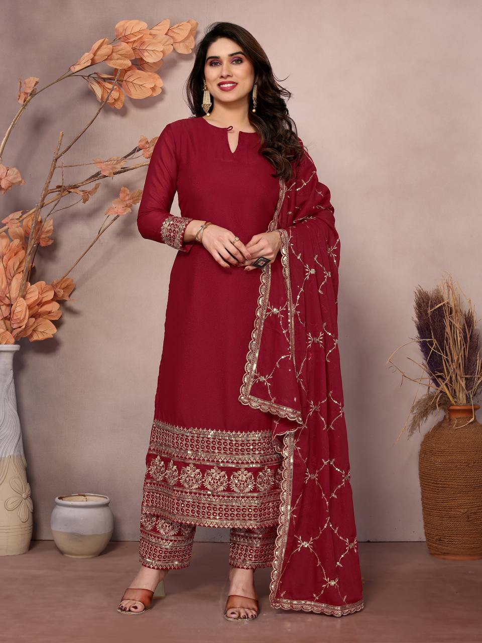 Teeya Creation Maroon Color Faux Georgette Embroidery Work Fully Stitched Salwar Suit