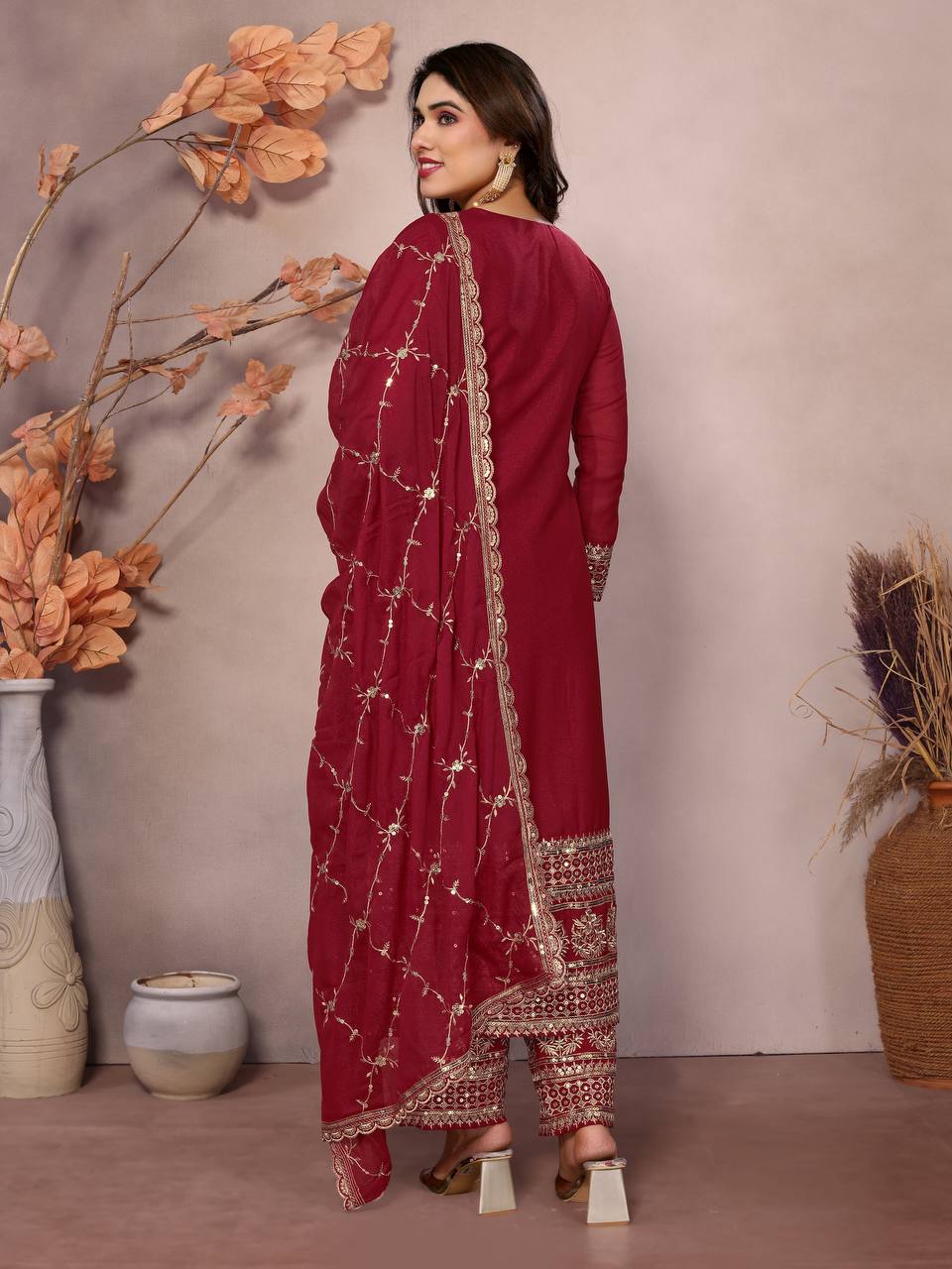 Teeya Creation Maroon Color Faux Georgette Embroidery Work Fully Stitched Salwar Suit
