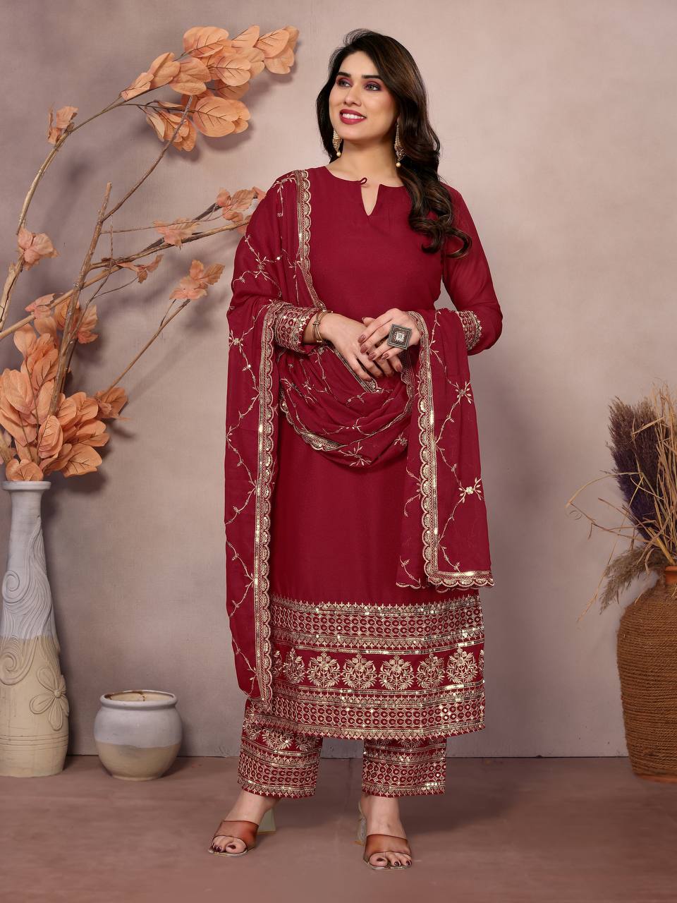 Teeya Creation Maroon Color Faux Georgette Embroidery Work Fully Stitched Salwar Suit