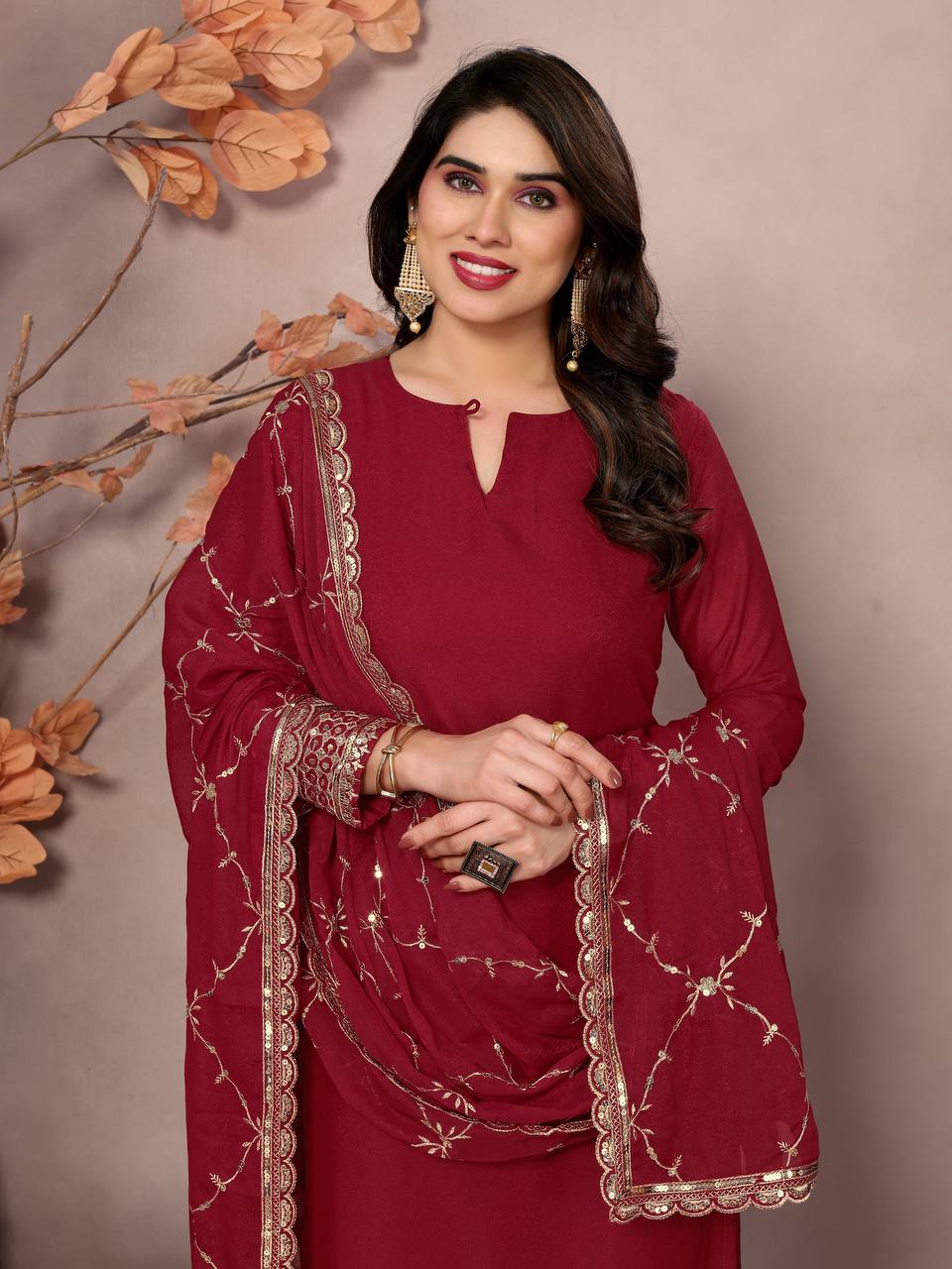 Teeya Creation Maroon Color Faux Georgette Embroidery Work Fully Stitched Salwar Suit