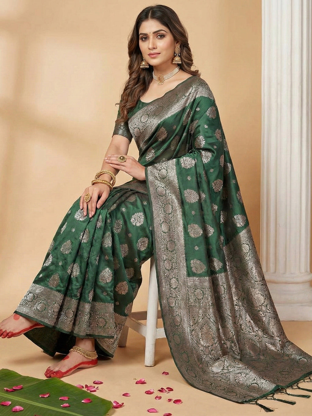 Anaita D Green Silk Blend Woven Saree With Blouse - Distacart