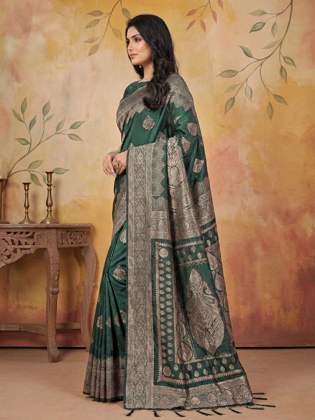 Anaita D Green Silk Blend Woven Saree With Blouse - Distacart