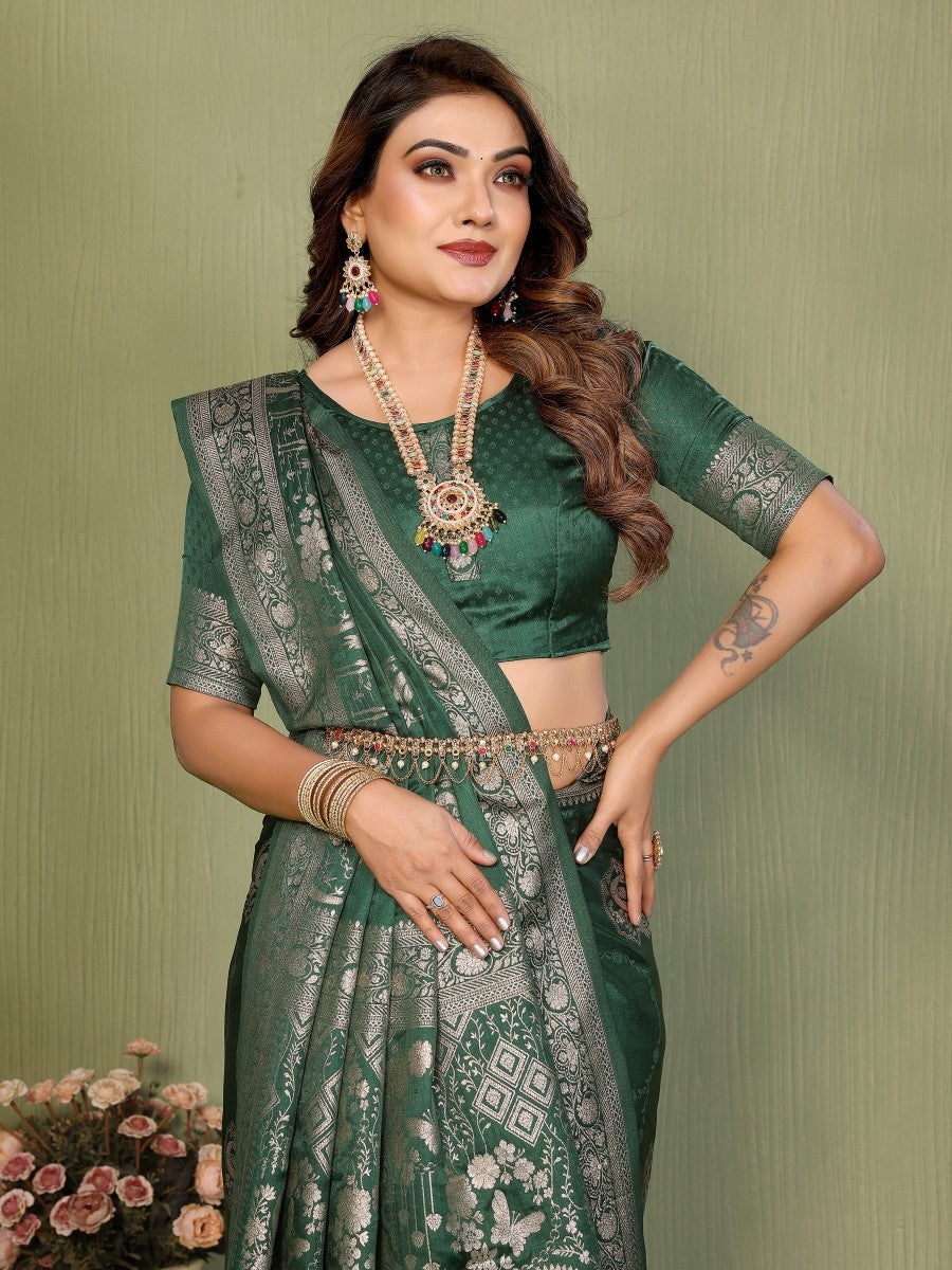Anaita D Green Zari Butta Work Satin Silk Saree With Blouse - Distacart