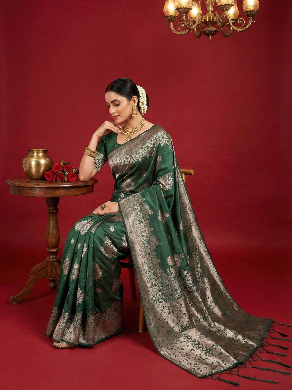 Anaita D Green Silk Blend Woven Saree With Blouse - Distacart