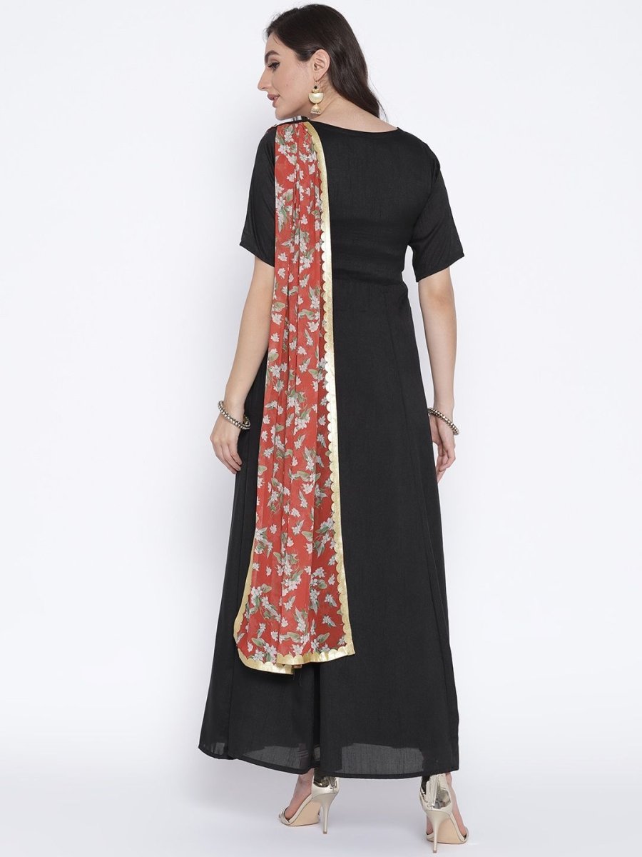 Ahalyaa Women's Black Poly Silk Kurta With Printed Dupatta