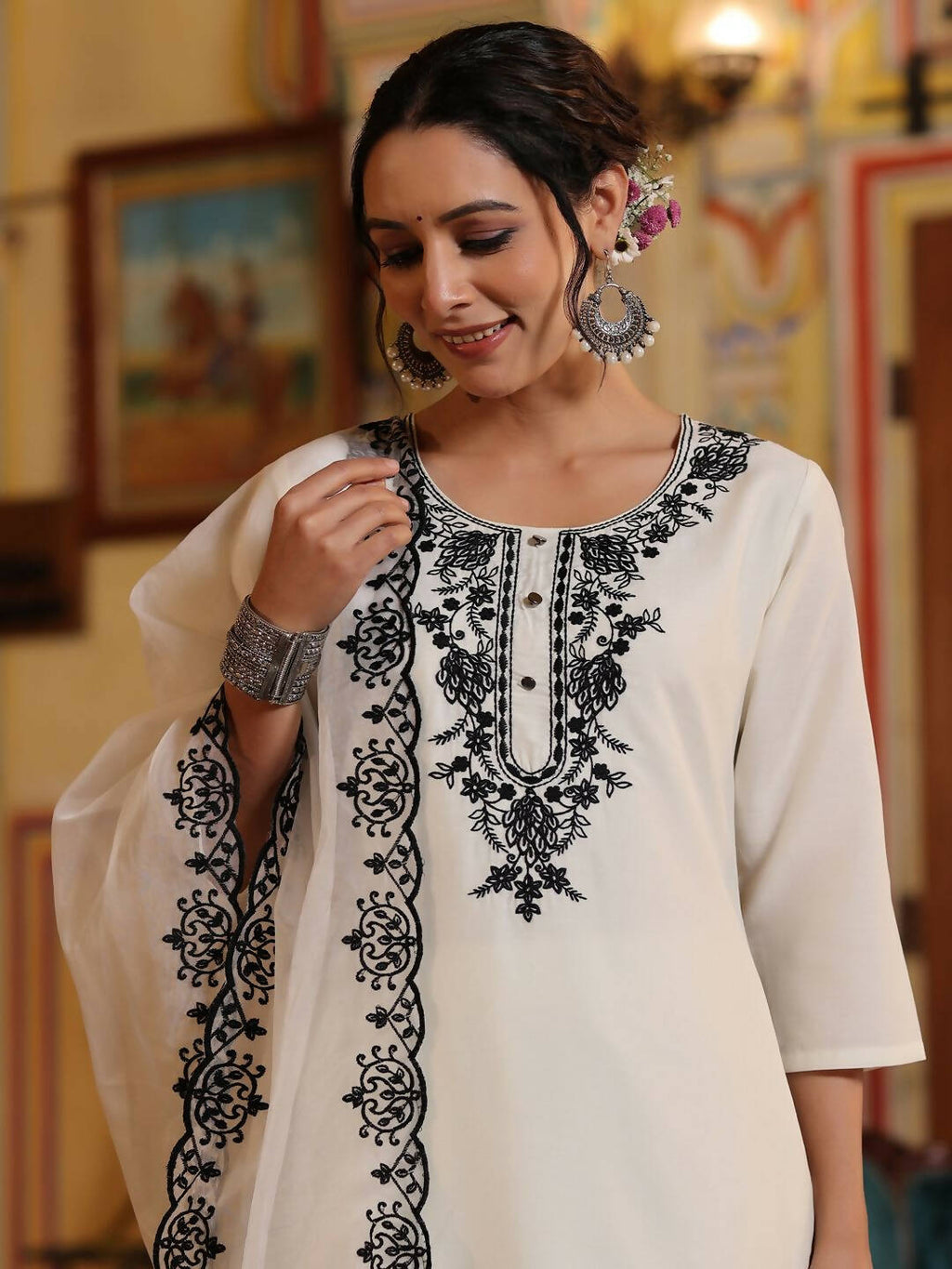 Juniper Women's White Chinnon Solid Embroidered Kurta Set - Distacart