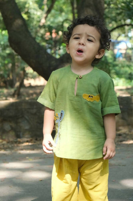 Mhyssa Tick Tock Round Neck Half Sleeve Green T-shirt With Full Length Yellow Pant Set For Kids