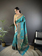 Joban Fashion Banarasi Teal Green Woven Soft Silk Saree - Distacart